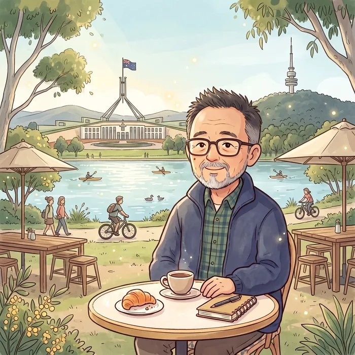 Illustration of Ot smiling at a lakeside café table in Canberra with Parliament House behind him, a coffee, a croissant and a notebook