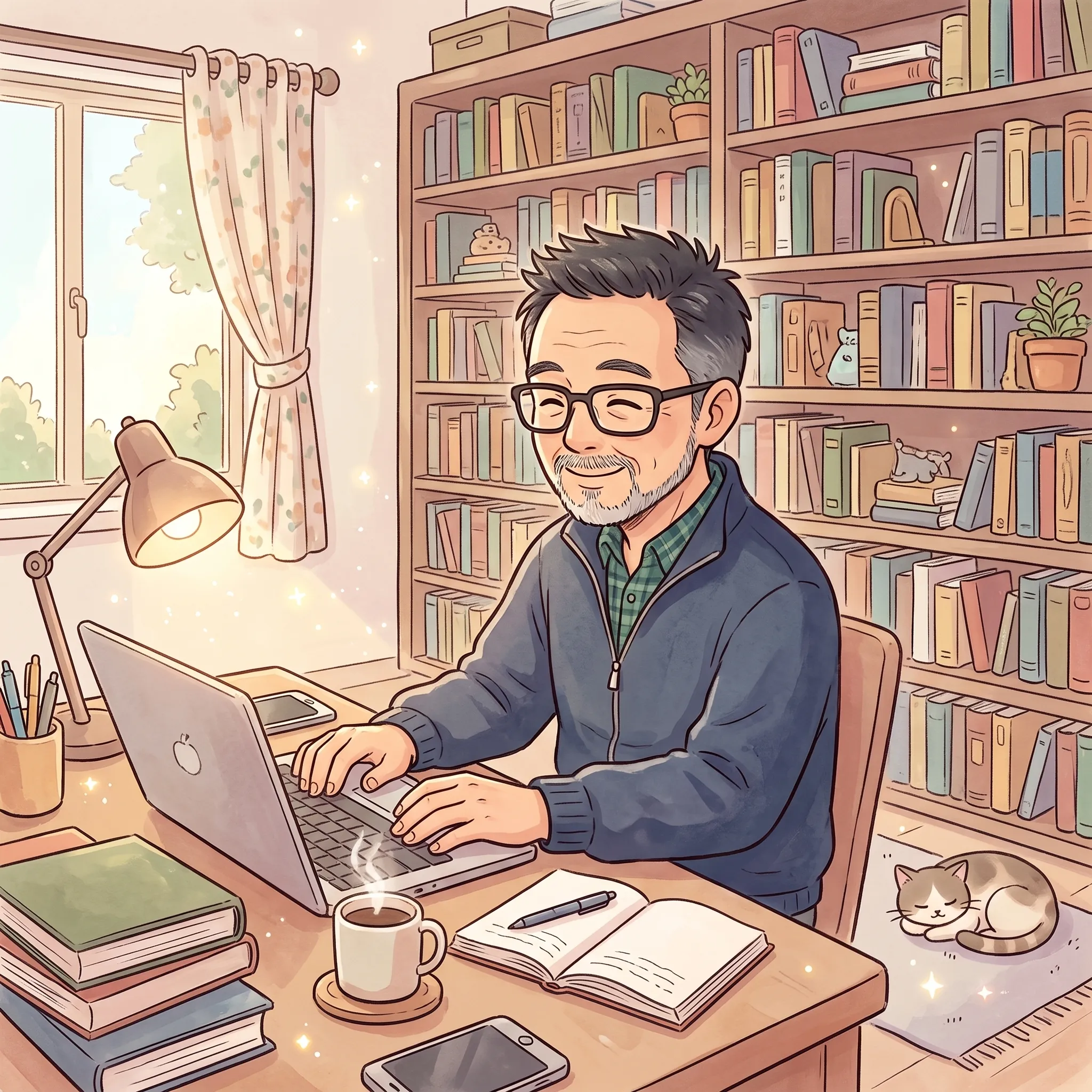 Illustration of Ot smiling as he types a book review at a desk, surrounded by bookshelves, a cup of coffee and a sleeping cat